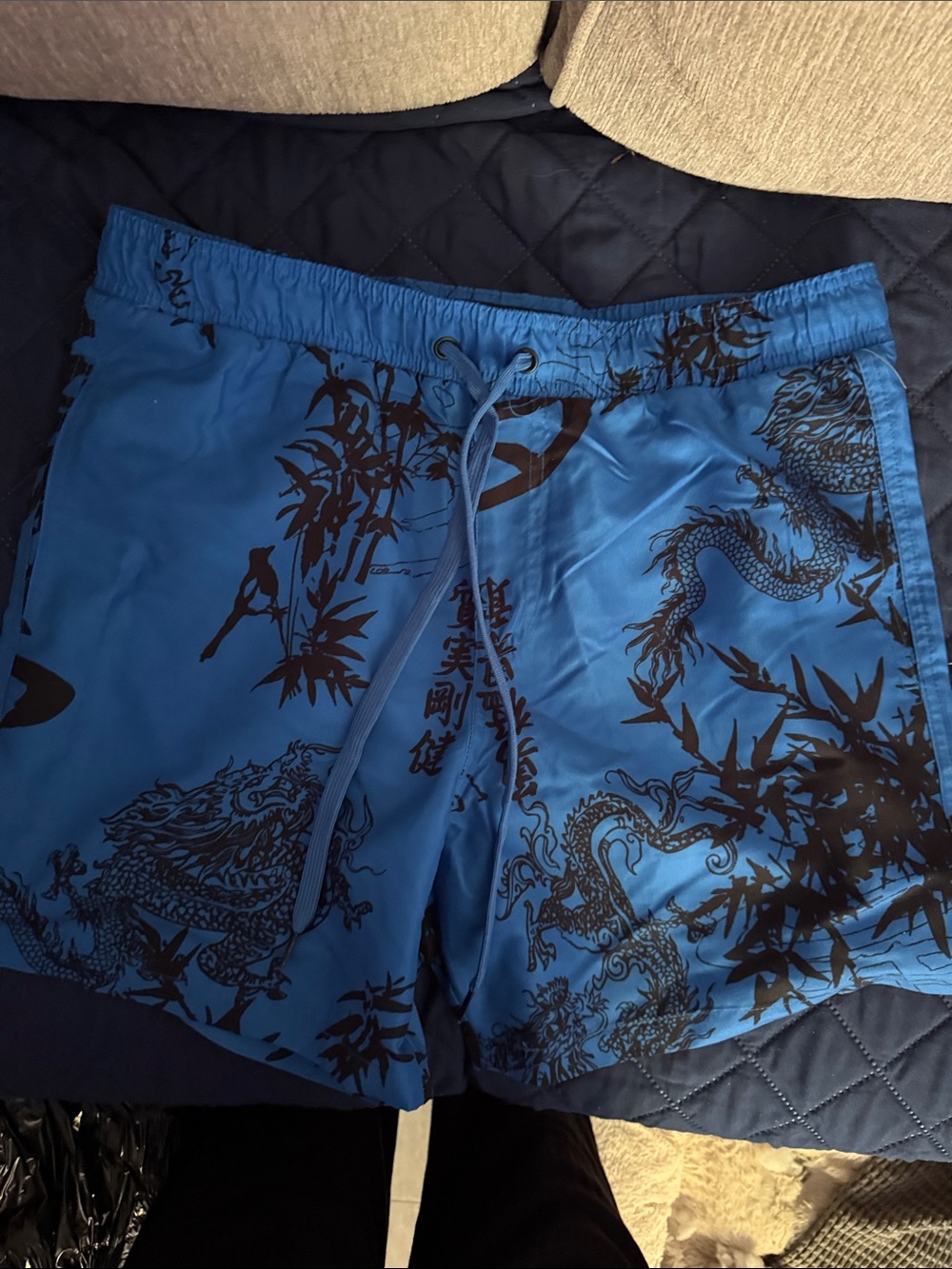 Society Men's Bright Blue Swim Shorts with Black Dragon & Bamboo Print